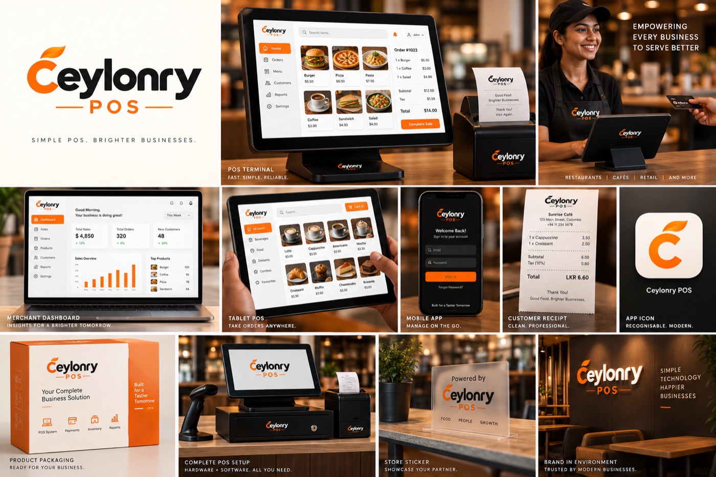 Ceylonry POS running across a terminal, laptop, tablet and phone
