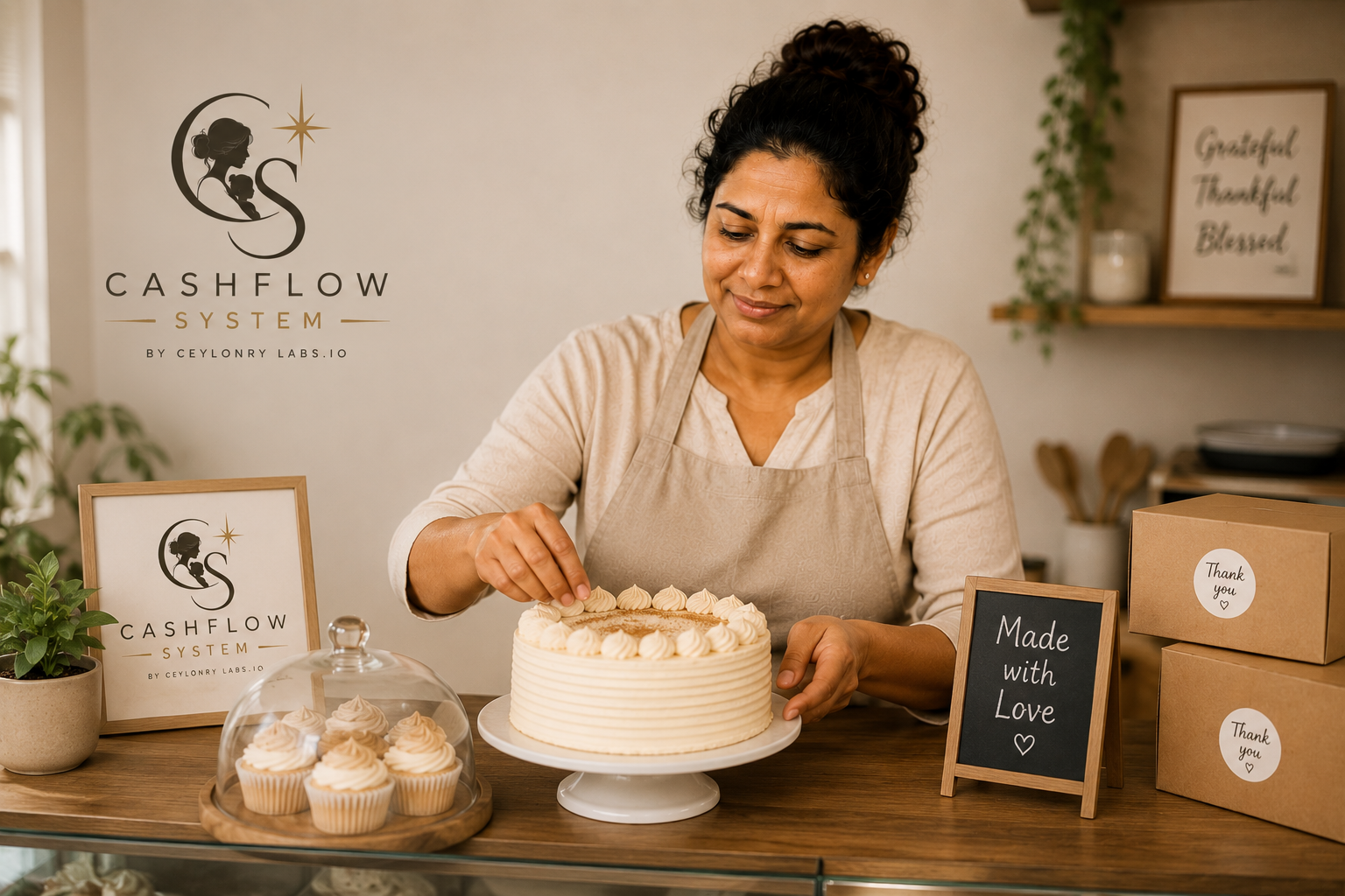 Mrs. Gamage decorating a butter cake at her bakery counter