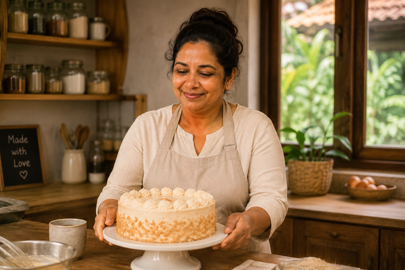 Mrs. Gamage presenting a finished butter cake in her kitchen