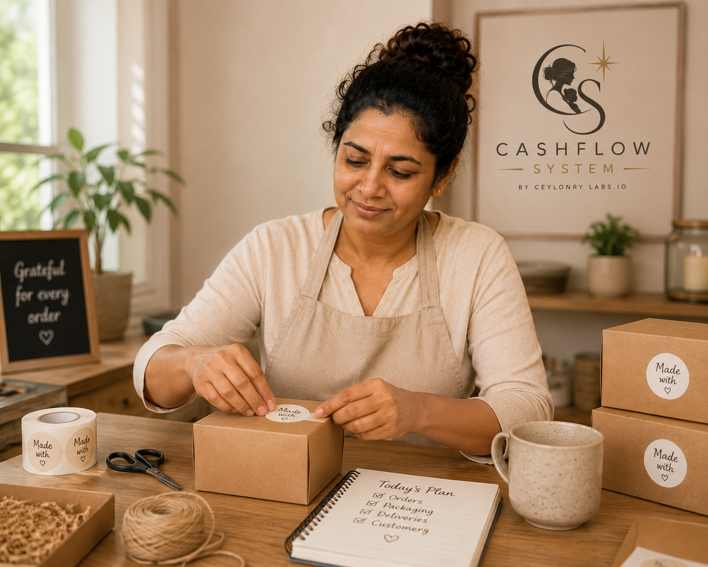 Mrs. Gamage packing customer orders with labels and notes